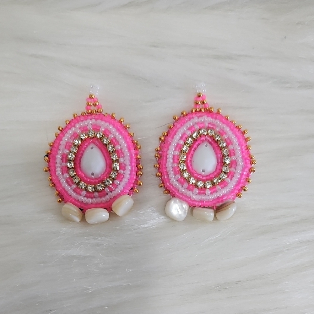 Vibrant Pink Beaded Earrings with Shell Accents